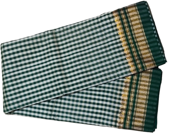 IIlkal Traditional Small Checks Cotton Saree, Temple Gold Border, 6.2m Length, Contrast Blouse, Catlon Tope Pallu, Irkal Saree (Green)