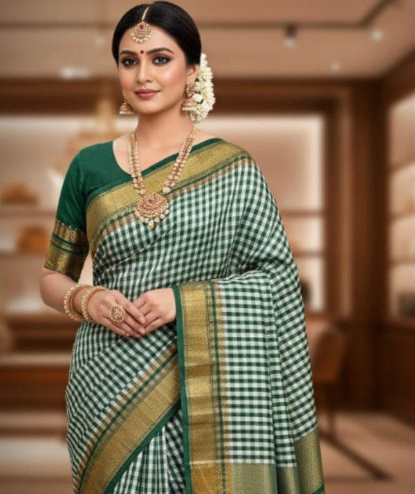 IIlkal Traditional Small Checks Cotton Saree, Temple Gold Border, 6.2m Length, Contrast Blouse, Catlon Tope Pallu, Irkal Saree (Green)