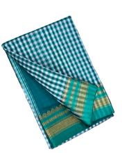 IIlkal Traditional Small Checks Cotton Saree, Temple Gold Border, 6.2m Length, Contrast Blouse, Catlon Tope Pallu, Irkal Saree (Green)